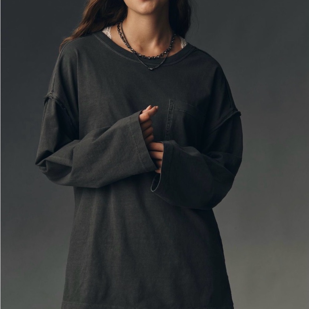 Anthropologie Oversized Long-Sleeve Pocket Tee — Charcoal